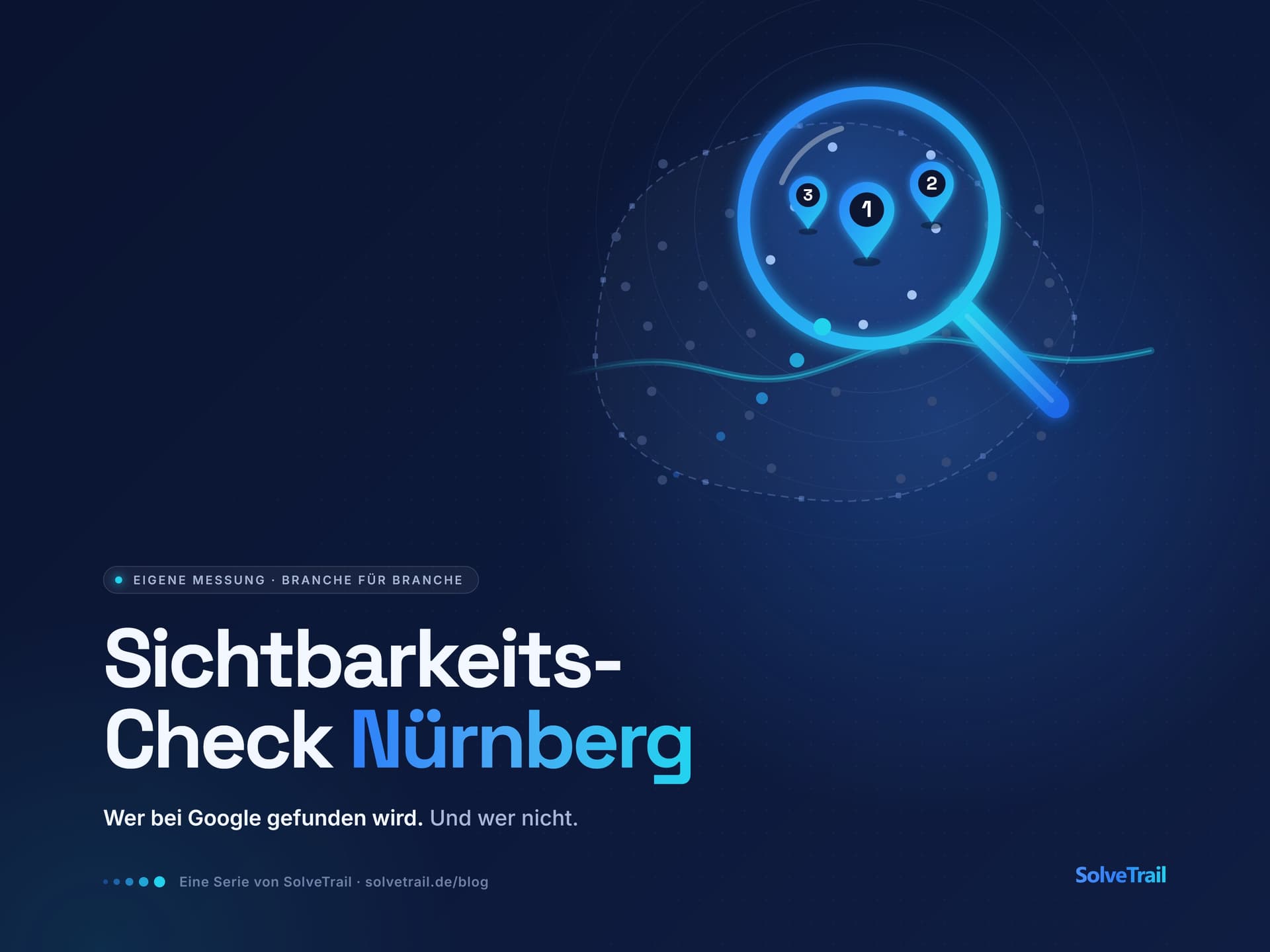 Key Visual Sichtbarkeits-Check Nürnberg von SolveTrail: Eine Suchlupe über der stilisierten Nürnberger Altstadt hebt drei von vielen Betrieben als Pins 1, 2 und 3 hervor, die übrigen bleiben dunkel