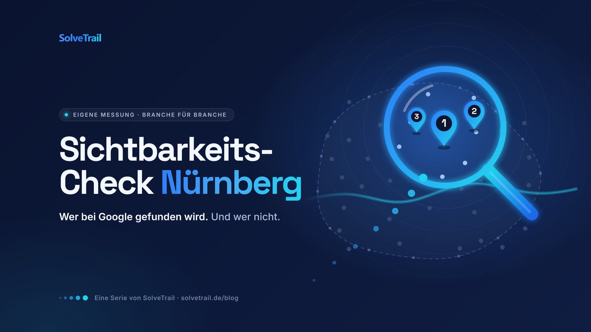 Key Visual Sichtbarkeits-Check Nürnberg von SolveTrail: Eine Suchlupe über der stilisierten Nürnberger Altstadt hebt drei von vielen Betrieben als Pins 1, 2 und 3 hervor, die übrigen bleiben dunkel
