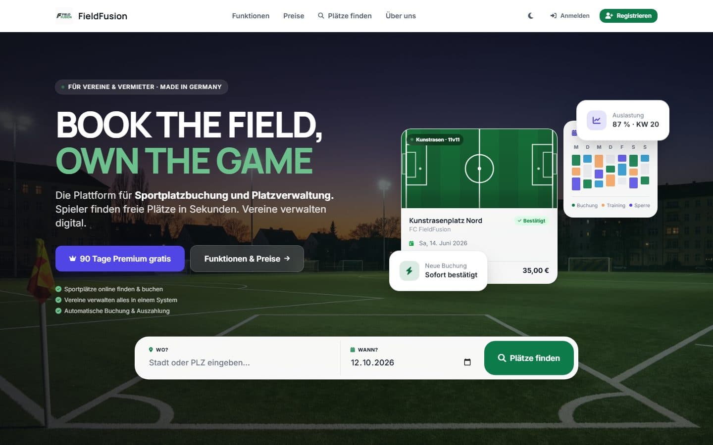 Startseite von FieldFusion: Book the field, own the game, mit Kalendervorschau, Buchungsbestätigung und Platzsuche