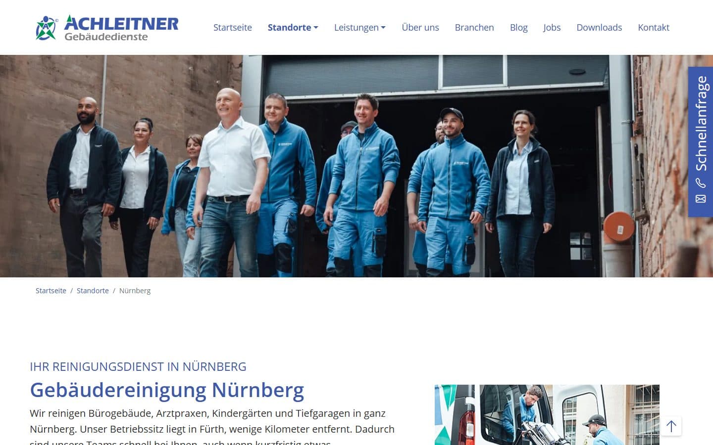 Standortseite Gebäudereinigung Nürnberg auf achleitner-gebaeudereinigung.de mit Teamfoto und Leistungsbeschreibung